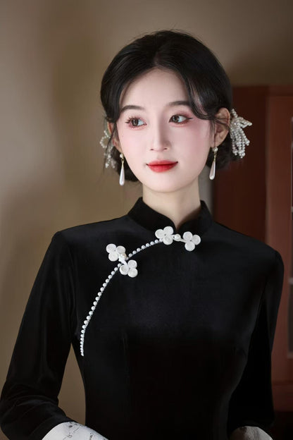 Women's Blue Vintage Velvet Qipao Cheongsam Dress – Butterfly – additional product view