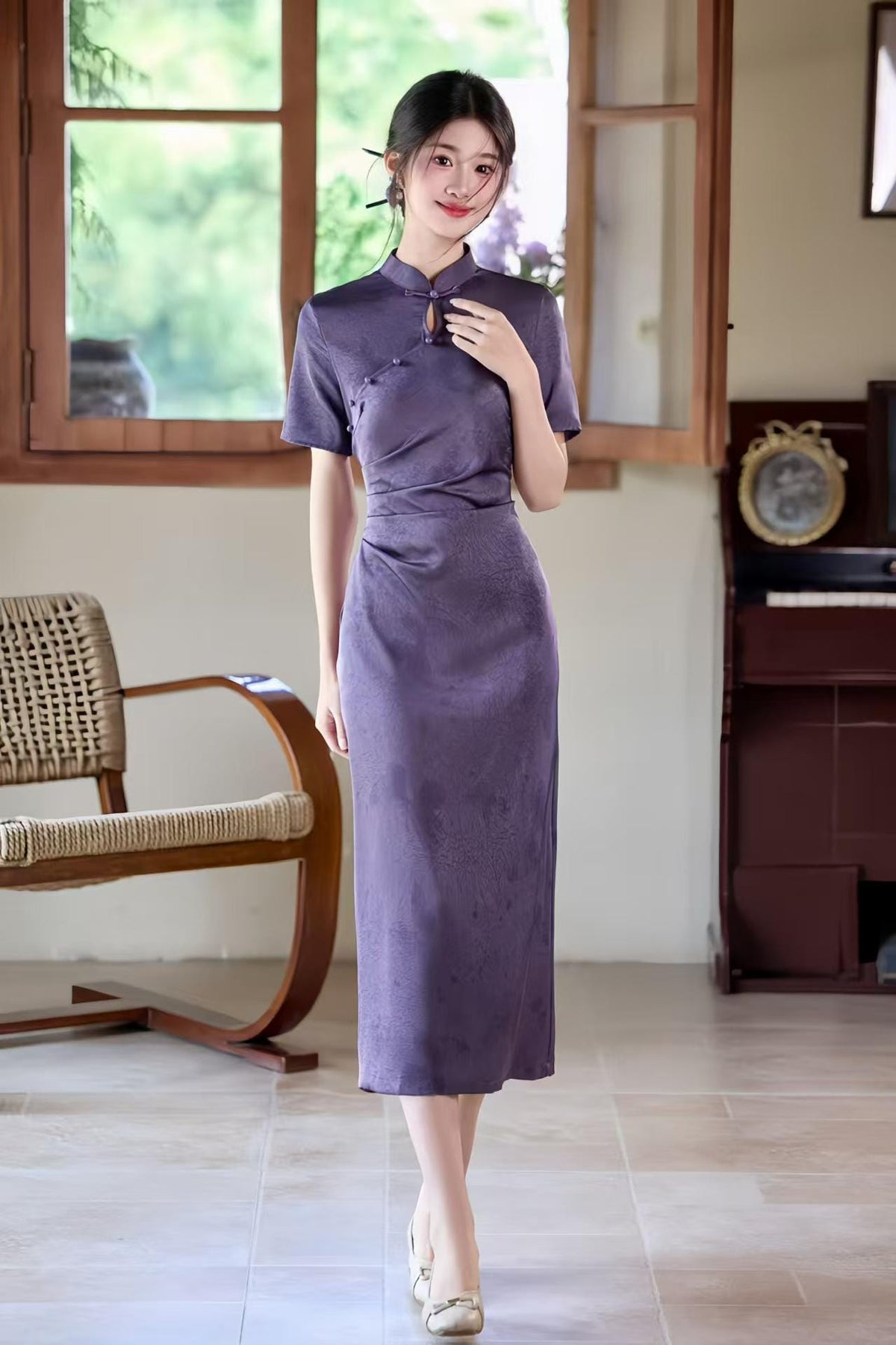 Women's Purple Floral Qipao Cheongsam Dress – Acetate – additional product view