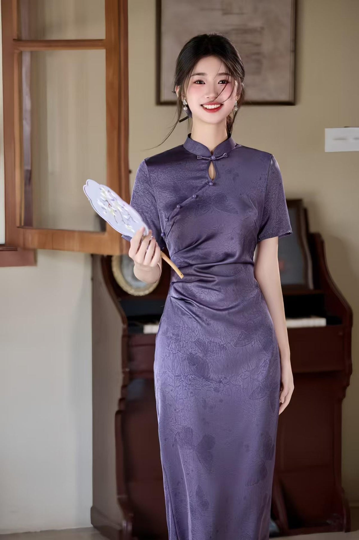 Women's Purple Floral Qipao Cheongsam Dress – Acetate – additional product view