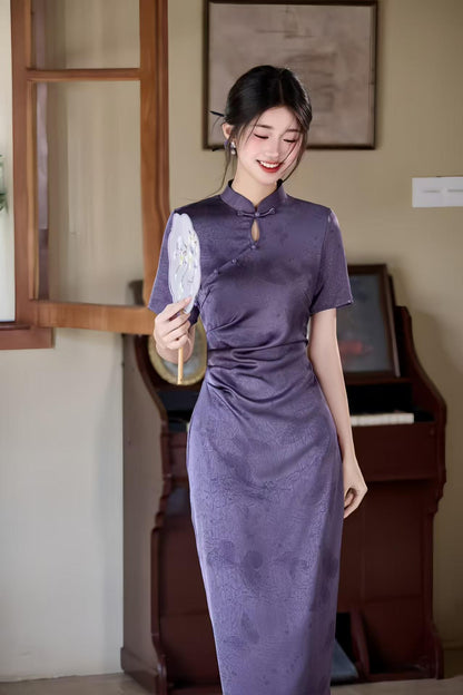 Women's Purple Floral Qipao Cheongsam Dress – Acetate – additional product view