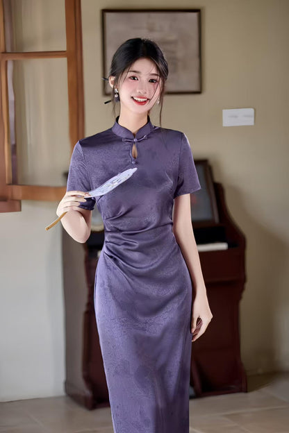 Women's Purple Floral Qipao Cheongsam Dress – Acetate – additional product view