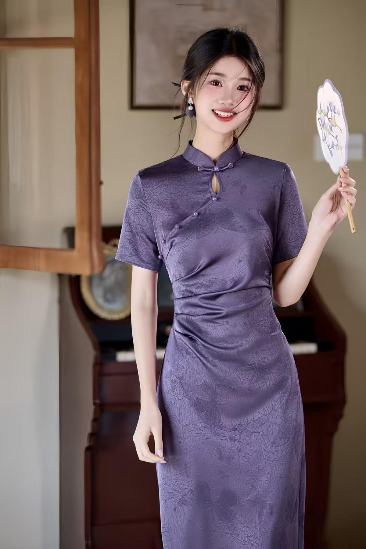 Women's Purple Floral Qipao Cheongsam Dress – Acetate – additional product view