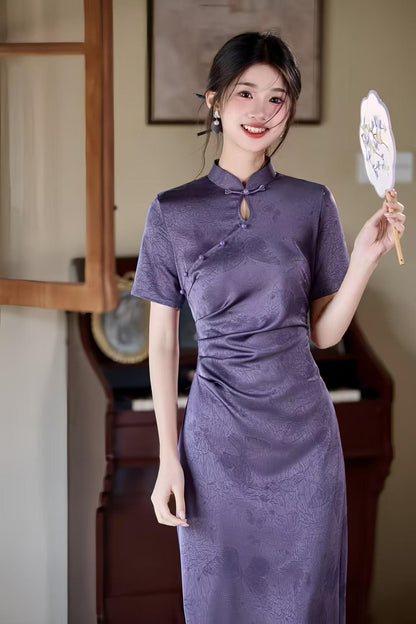 Women's Purple Floral Qipao Cheongsam Dress – Acetate – additional product view