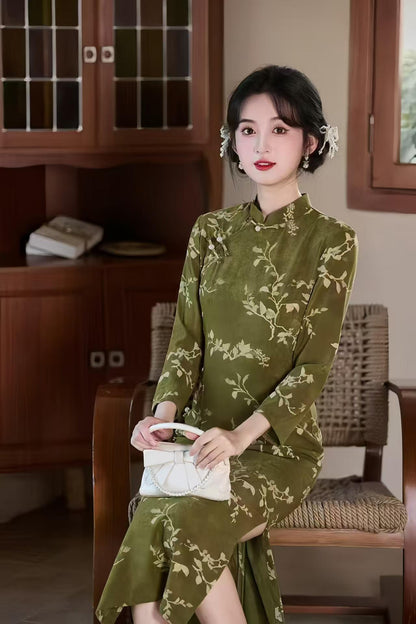 Women's Green Floral Qipao Cheongsam Dress – Acetate Long Sleeve – additional product view