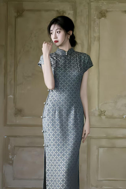 Women's Blue Jacquard Qipao Cheongsam Dress – Fitted