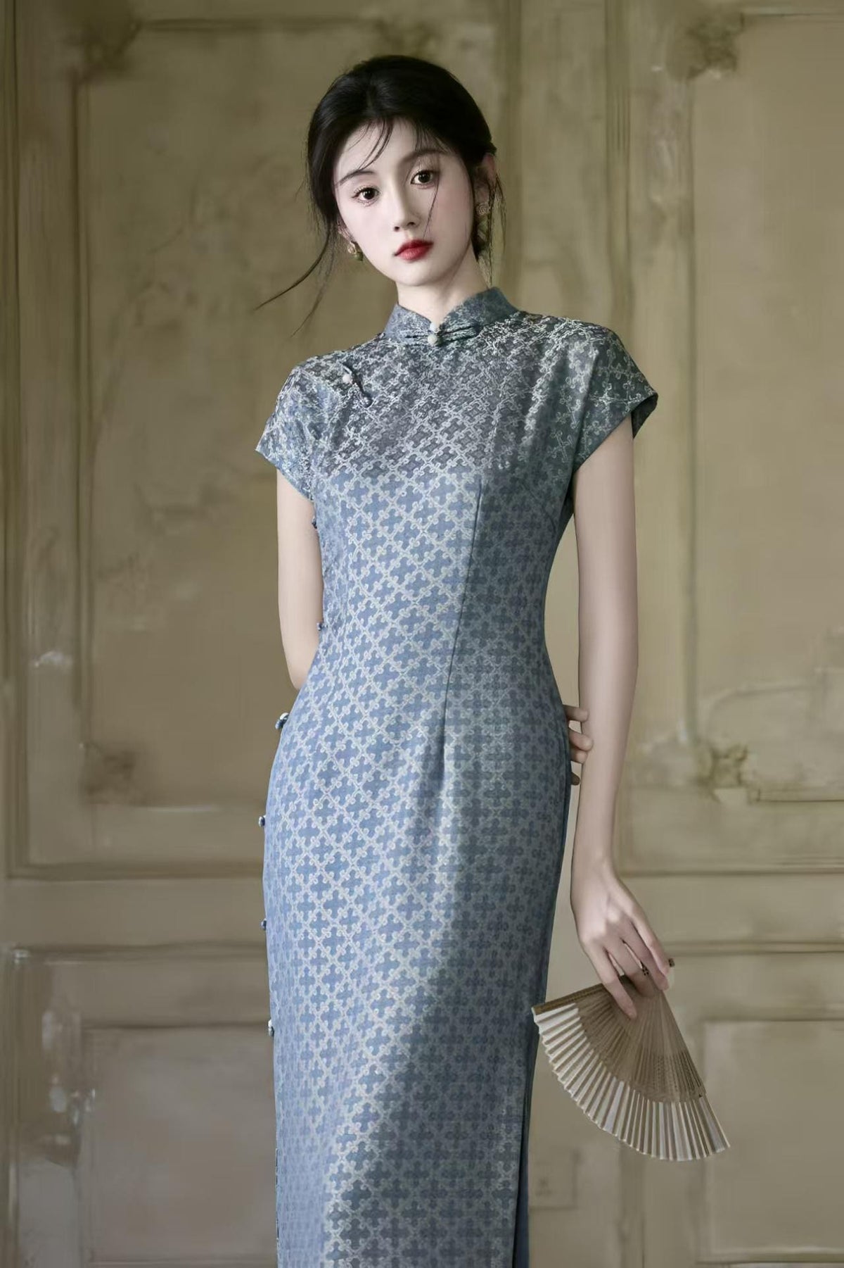 Women's Blue Jacquard Qipao Cheongsam Dress – Fitted – additional product view