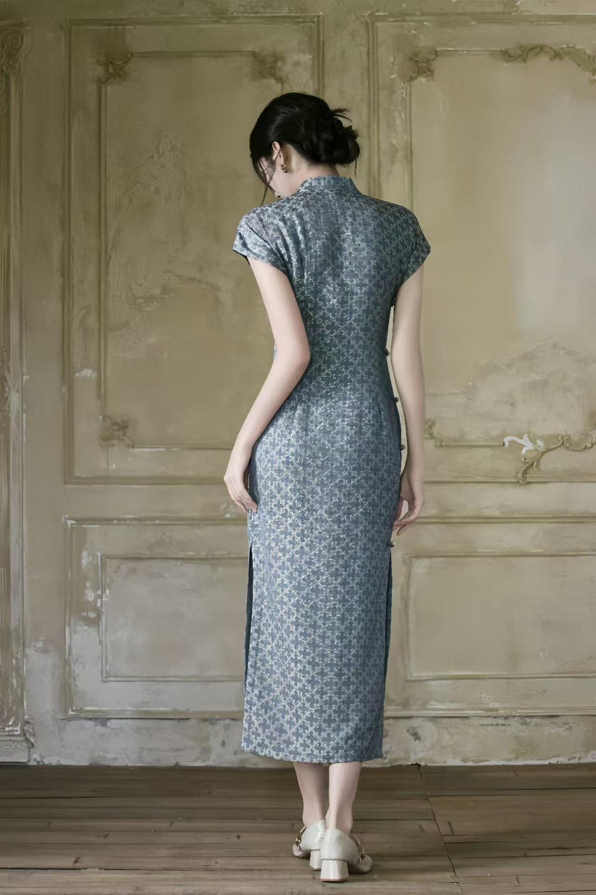 Women's Blue Jacquard Qipao Cheongsam Dress – Fitted – additional product view