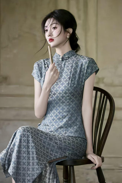 Women's Blue Jacquard Qipao Cheongsam Dress – Fitted – additional product view