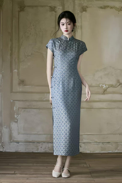 Women's Blue Jacquard Qipao Cheongsam Dress – Fitted – additional product view