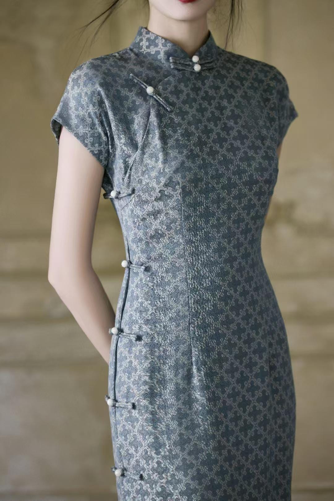 Women's Blue Jacquard Qipao Cheongsam Dress – Fitted – additional product view