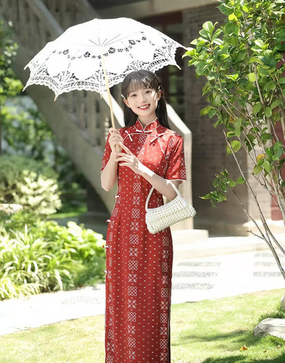 Women's Red Vintage Qipao Cheongsam Dress – Acetate Mandarin Collar – additional product view
