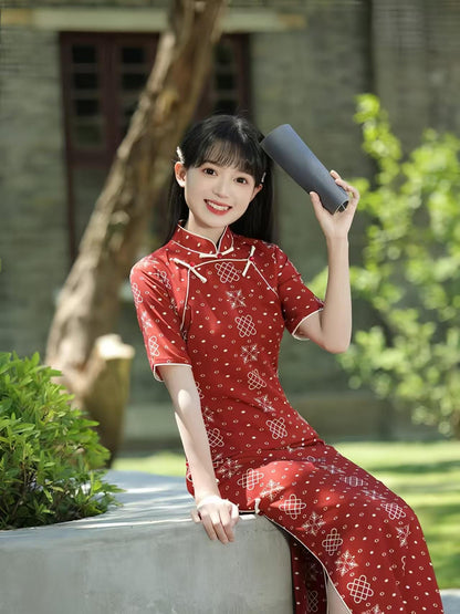 Women's Red Vintage Qipao Cheongsam Dress – Acetate Mandarin Collar – additional product view