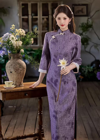 Women's Jacquard Qipao Cheongsam Dress – Purple Maxi Mandarin Collar