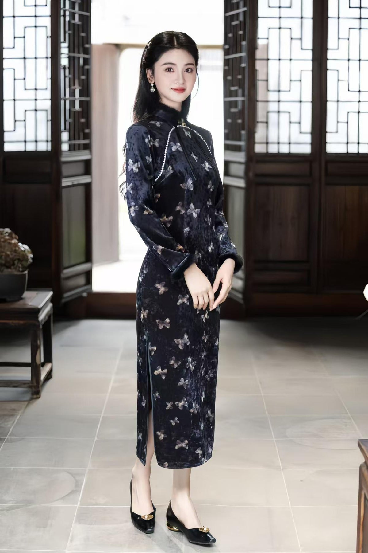 Women's Blue Vintage Velvet Qipao Cheongsam Dress – Butterfly Fall Winter – additional product view