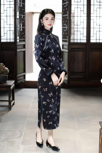 Women's Blue Vintage Velvet Qipao Cheongsam Dress – Butterfly Fall Winter – additional product view