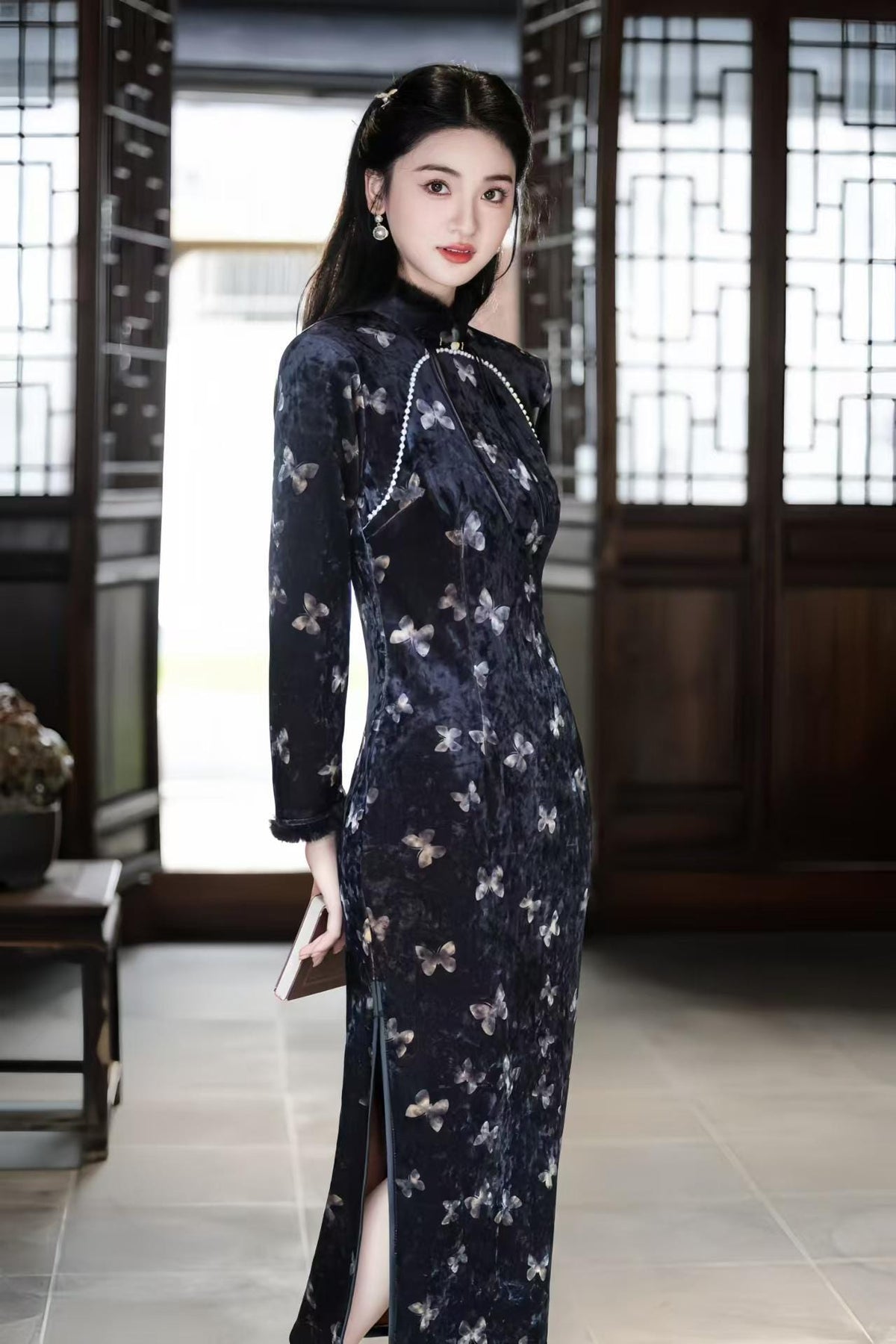 Women's Blue Vintage Velvet Qipao Cheongsam Dress – Butterfly Fall Winter – additional product view