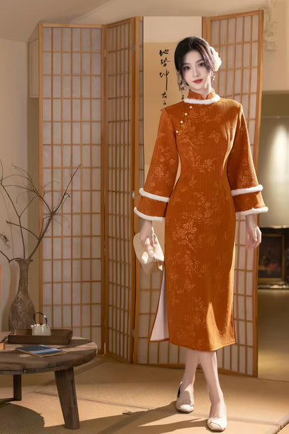 Women's Floral Velvet Qipao Cheongsam Dress – Orange Long Sleeve – additional product view