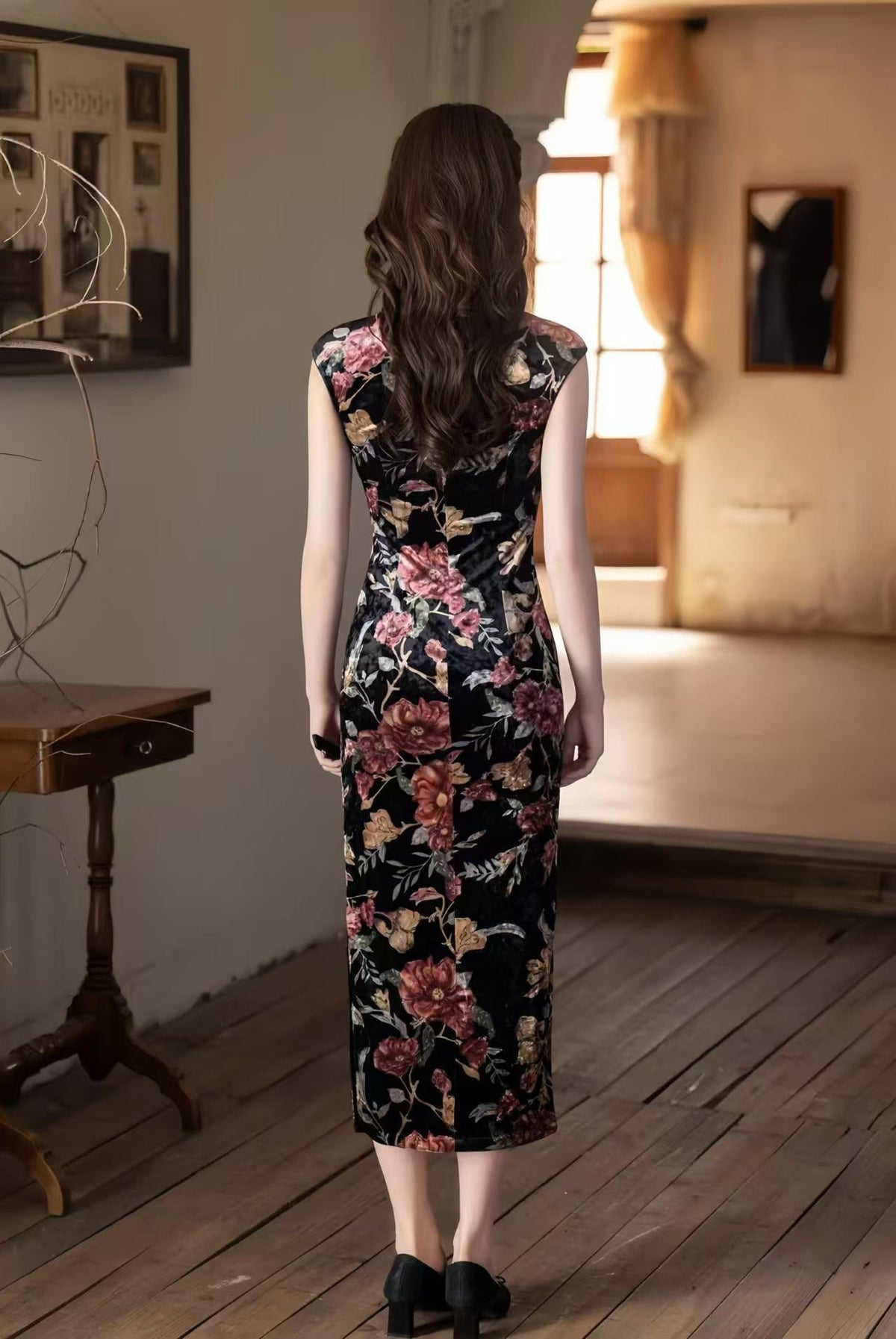 Women's Black Floral Velvet Qipao Cheongsam Dress – Sleeveless Fall Winter – additional product view