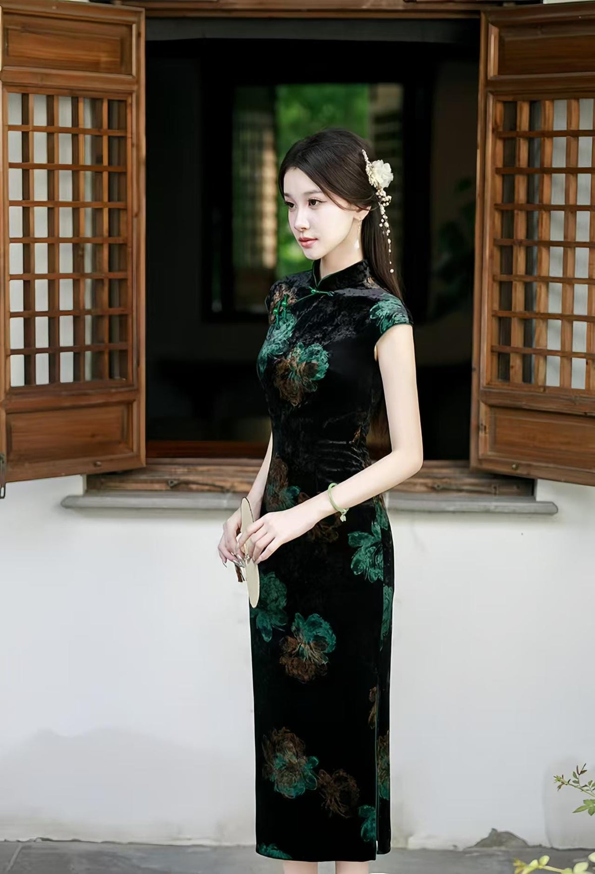 Women's Floral Velvet Qipao Cheongsam Dress – Peony Floral Embroidery – additional product view