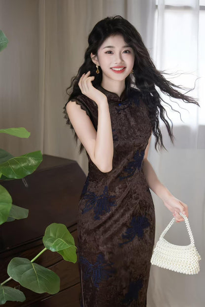 Women's Blue Embroidered Velvet Qipao Cheongsam Dress – Midi – additional product view