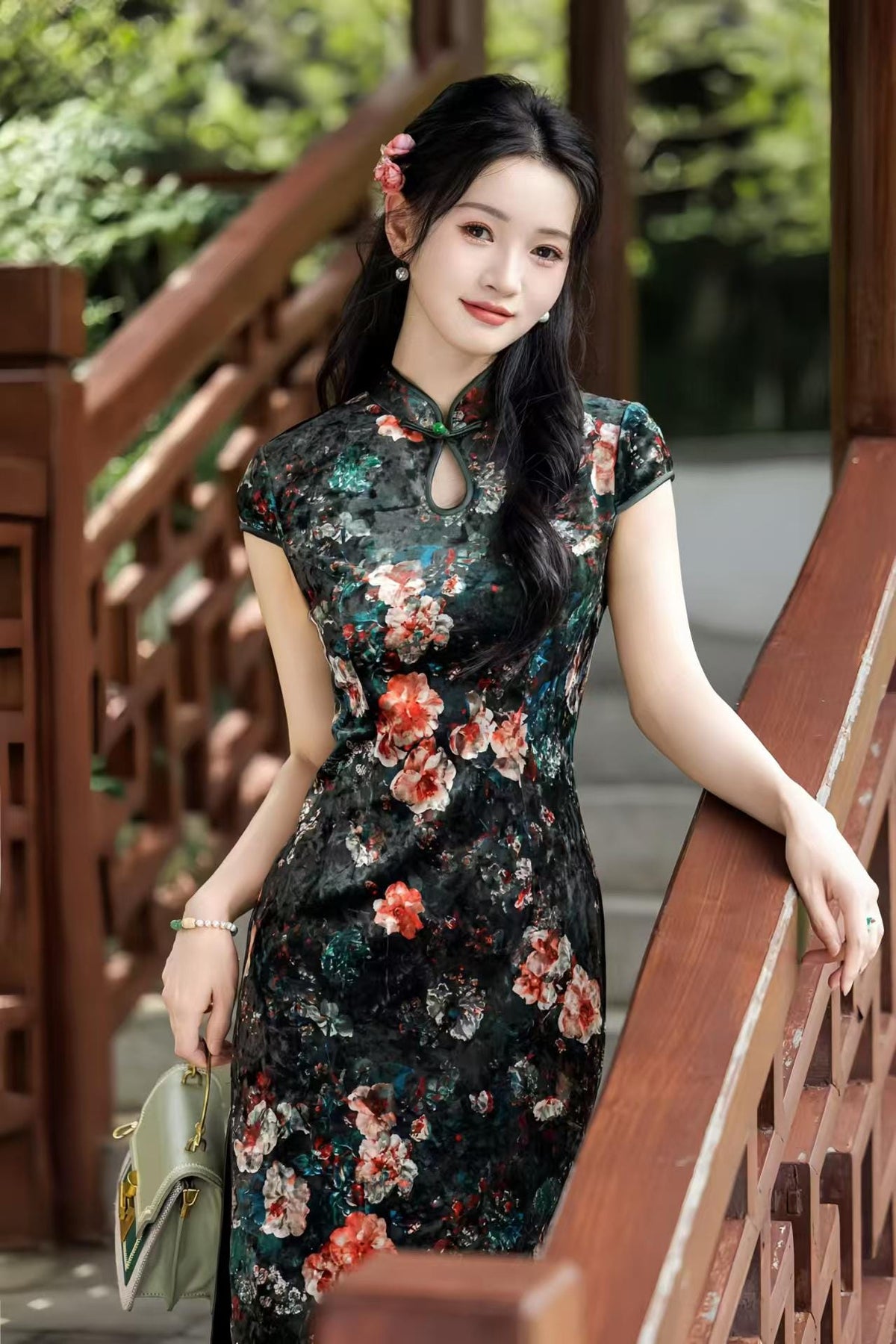 Women's Black Floral Velvet Qipao Cheongsam Dress – additional product view