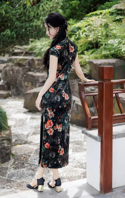 Women's Black Floral Velvet Qipao Cheongsam Dress – additional product view