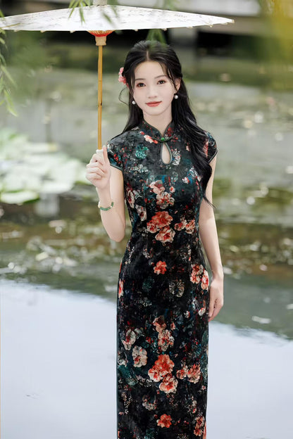 Women's Black Floral Velvet Qipao Cheongsam Dress – additional product view