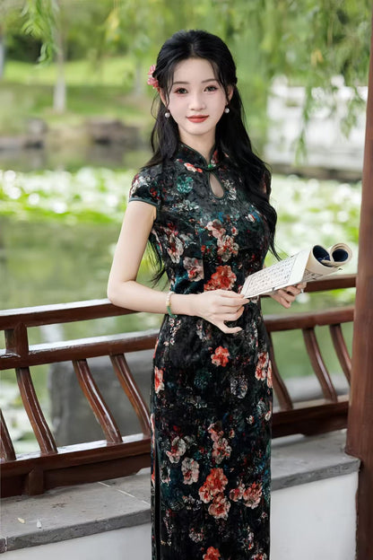Women's Black Floral Velvet Qipao Cheongsam Dress – additional product view