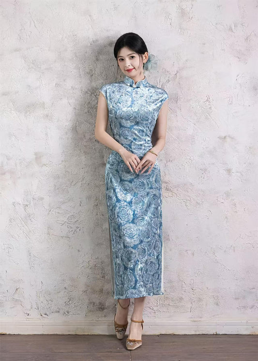 Women's Blue Jacquard Velvet Qipao Cheongsam Dress