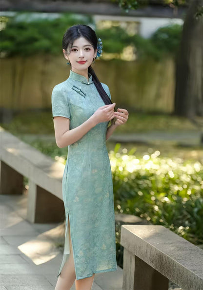 Women's Blue Floral Qipao Cheongsam Dress – additional product view