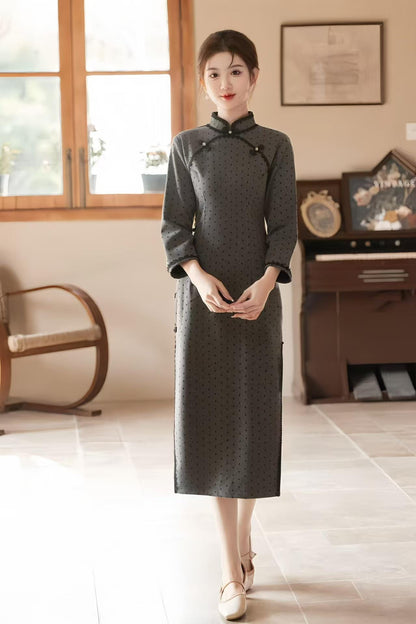 Women's Vintage Qipao Cheongsam Dress – Dark Gray Chenille Polka Dot