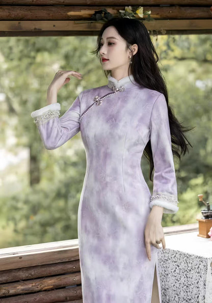 Women's White Vintage Velvet Qipao Cheongsam Dress – Winter – additional product view