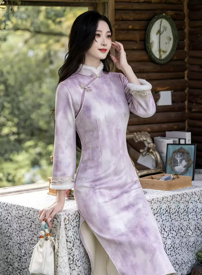 Women's White Vintage Velvet Qipao Cheongsam Dress – Winter – additional product view