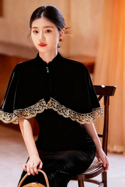 Women's Vintage Velvet Qipao Cheongsam Dress – Purple – additional product view
