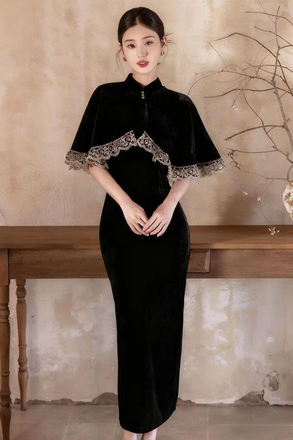 Women's Vintage Velvet Qipao Cheongsam Dress – Purple – additional product view