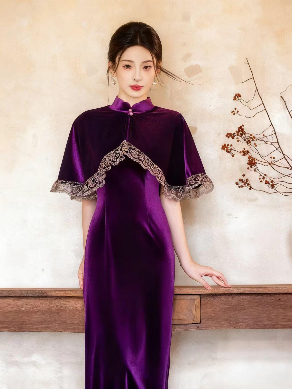 Women's Vintage Velvet Qipao Cheongsam Dress – Purple – additional product view
