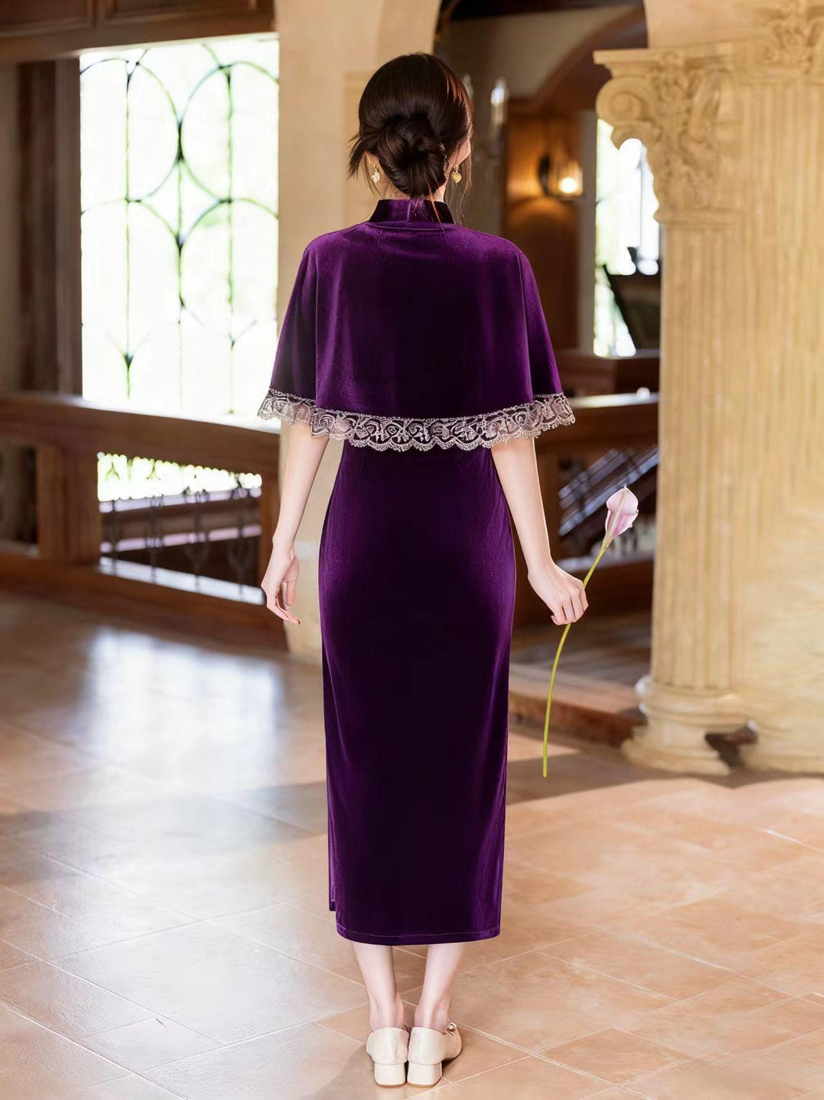 Women's Vintage Velvet Qipao Cheongsam Dress – Purple – additional product view
