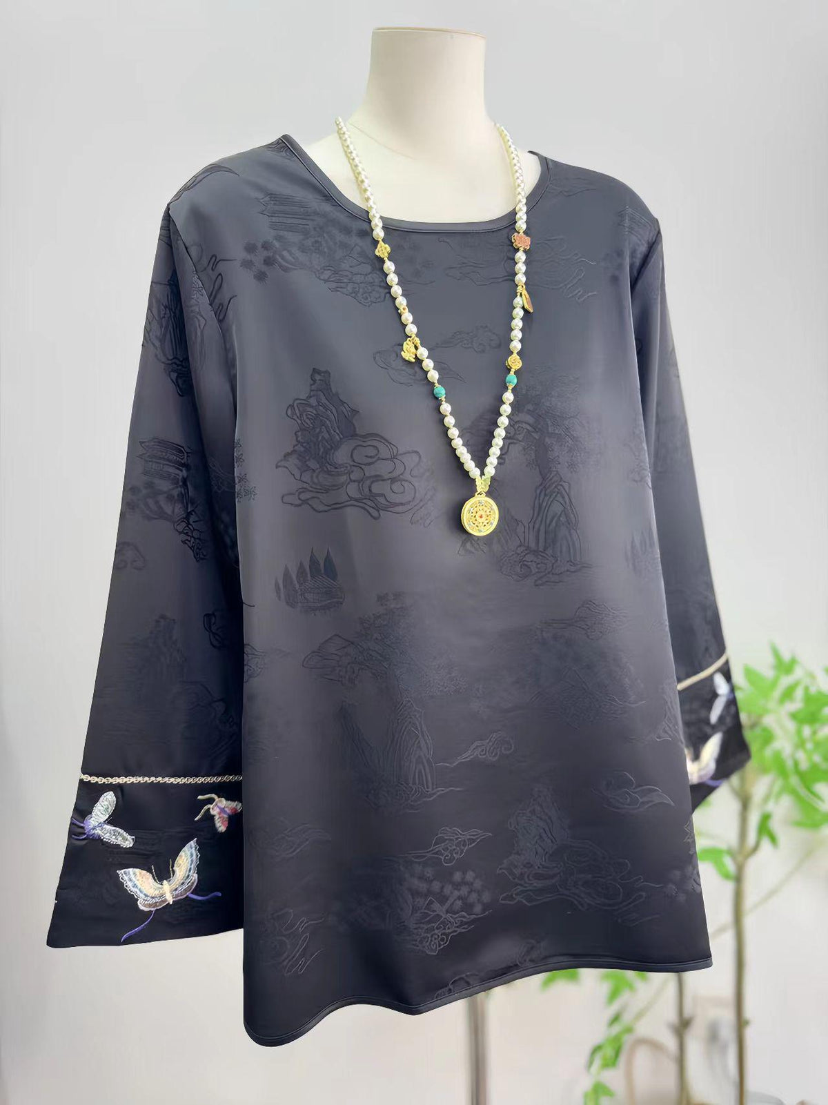 Women's Jacquard Silk Chinese Style Blouse – Landscape Print – additional product view