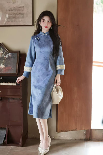 Women's Blue Vintage Velvet Qipao Cheongsam Dress – Midi