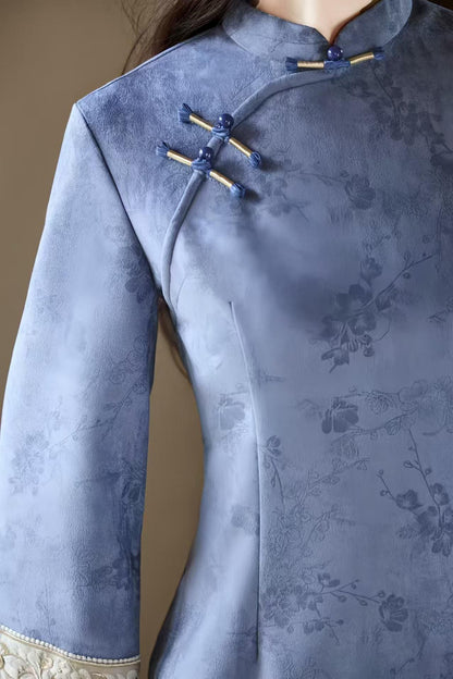 Women's Blue Vintage Velvet Qipao Cheongsam Dress – Midi – additional product view