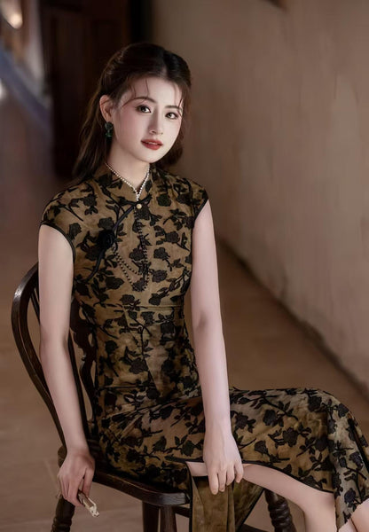 Women's Vintage Velvet Qipao Cheongsam Dress – Embossed Maxi Fall Winter – additional product view
