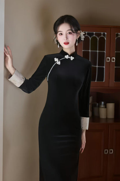 Women's Blue Vintage Velvet Qipao Cheongsam Dress – Butterfly – additional product view