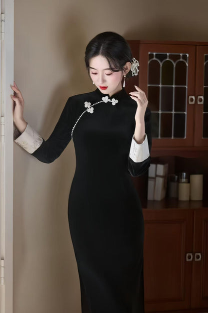 Women's Blue Vintage Velvet Qipao Cheongsam Dress – Butterfly – additional product view