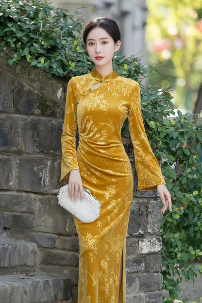 Women's Gold Jacquard Velvet Qipao Cheongsam Dress