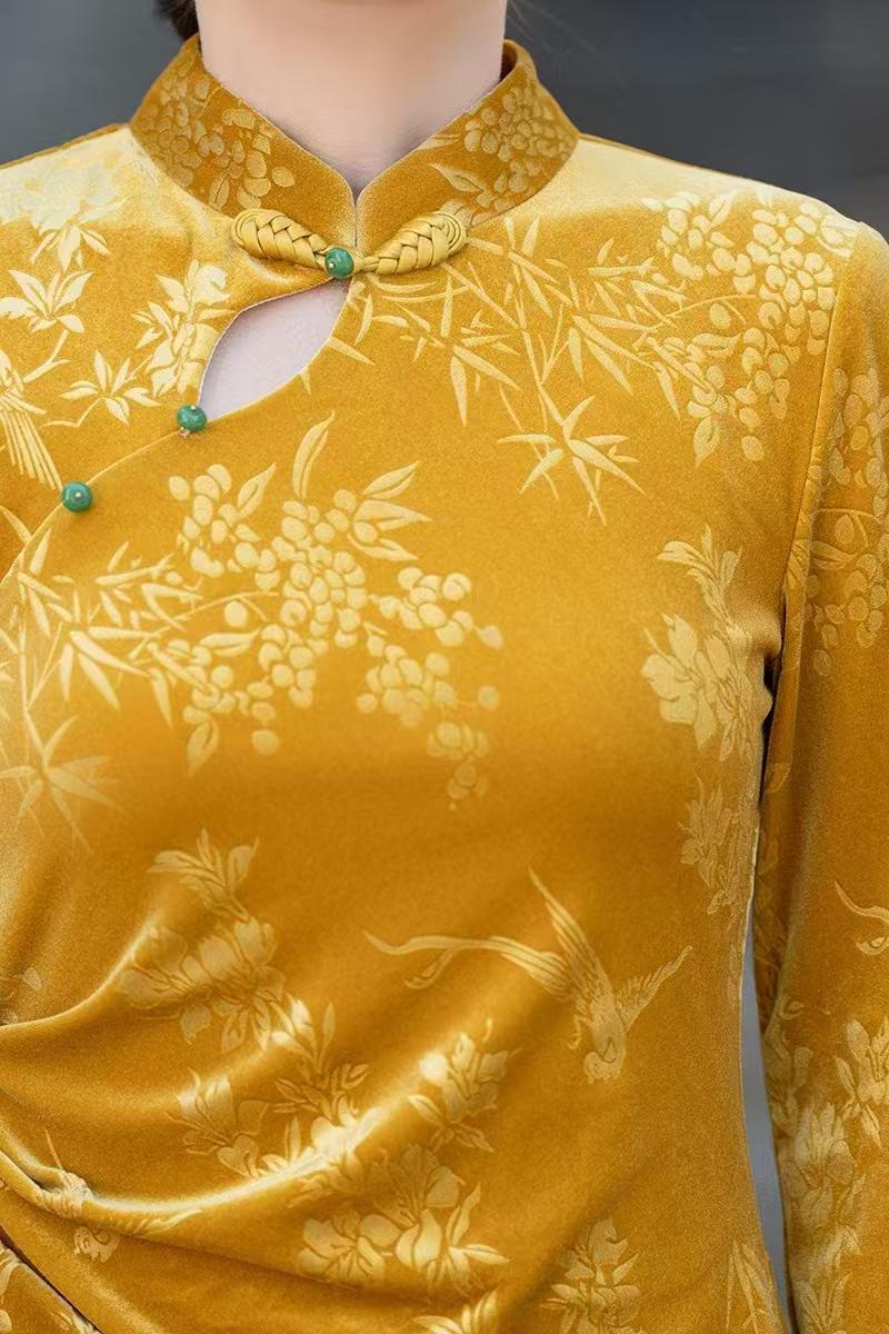 Women's Gold Jacquard Velvet Qipao Cheongsam Dress – additional product view
