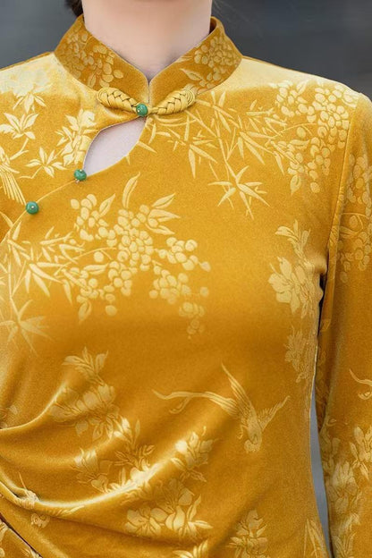 Women's Gold Jacquard Velvet Qipao Cheongsam Dress – additional product view