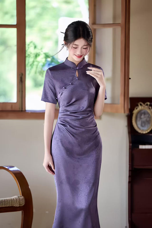 Women's Purple Floral Qipao Cheongsam Dress – Acetate