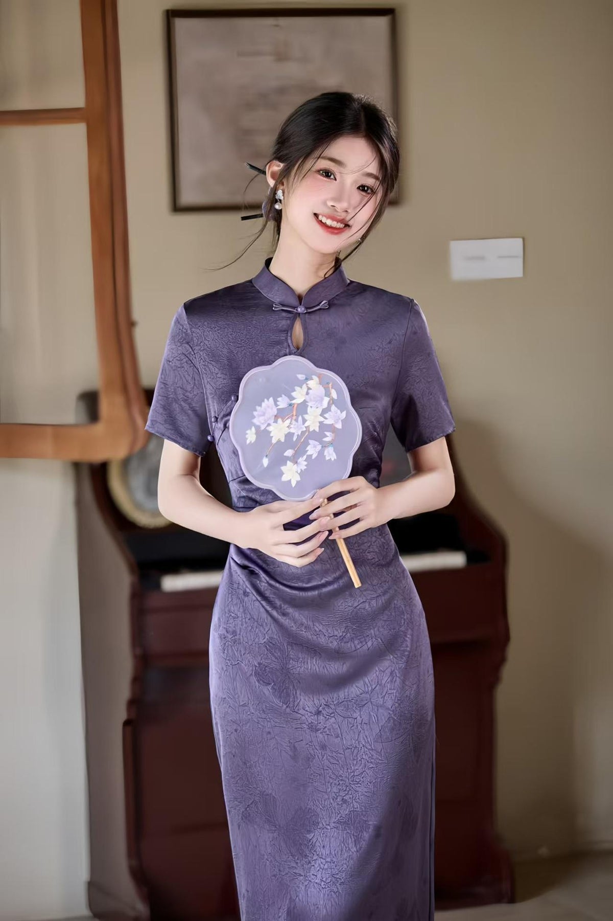 Women's Purple Floral Qipao Cheongsam Dress – Acetate – additional product view