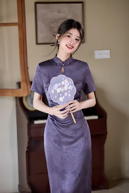 Women's Purple Floral Qipao Cheongsam Dress – Acetate – additional product view