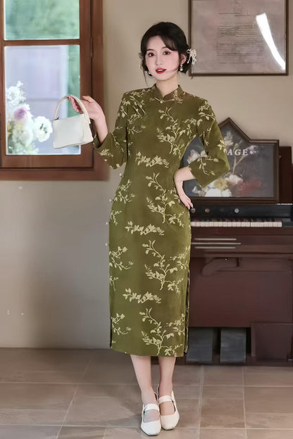 Women's Green Floral Qipao Cheongsam Dress – Acetate Long Sleeve – additional product view